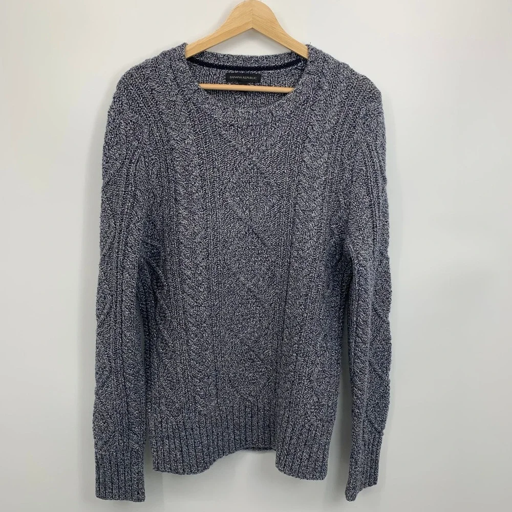 Banana Republic Sweater Mens M Blue Excellent Merino Wool Blend Cable Knit